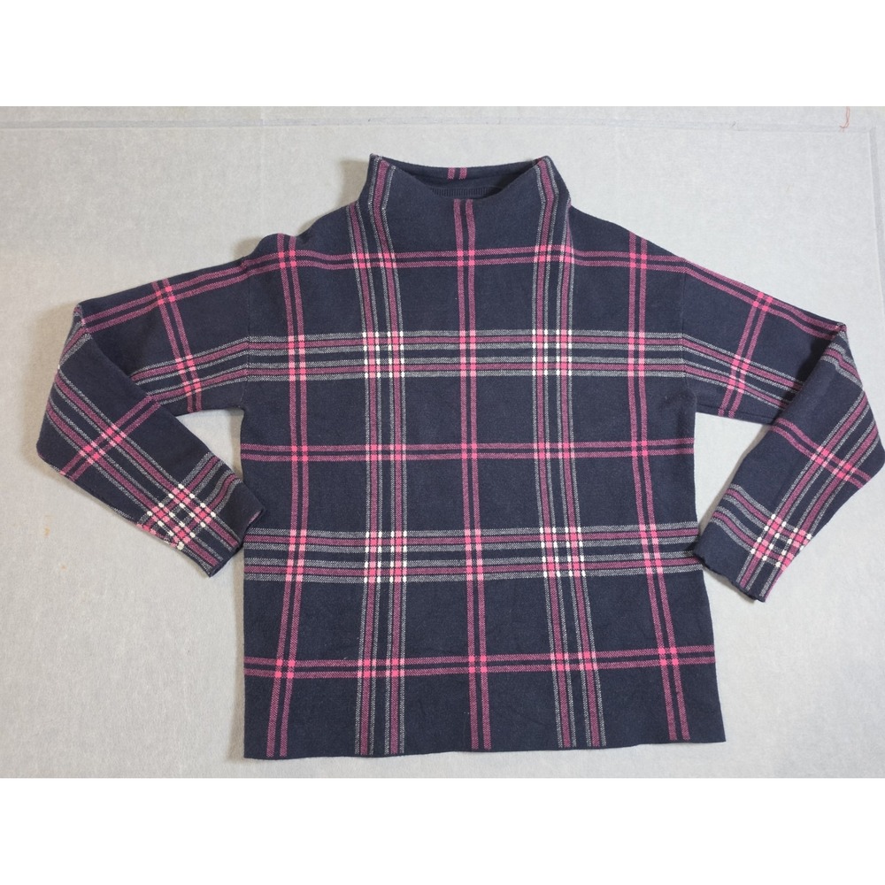 Tahari Women's Sz L Plaid Pink and Navy Blue Plaid Mock neck sweater Thick